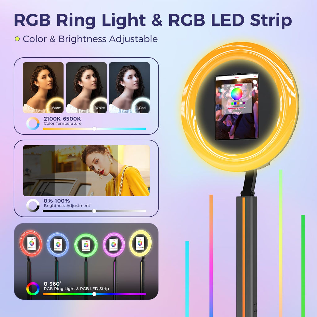 Portable Photo Booth Stand with RGB Ring Light for iPad