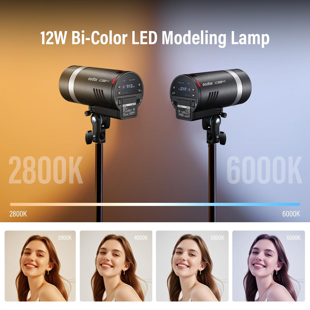 300Ws TTL HSS Flash Strobe with Bi-Color Modeling Lamp