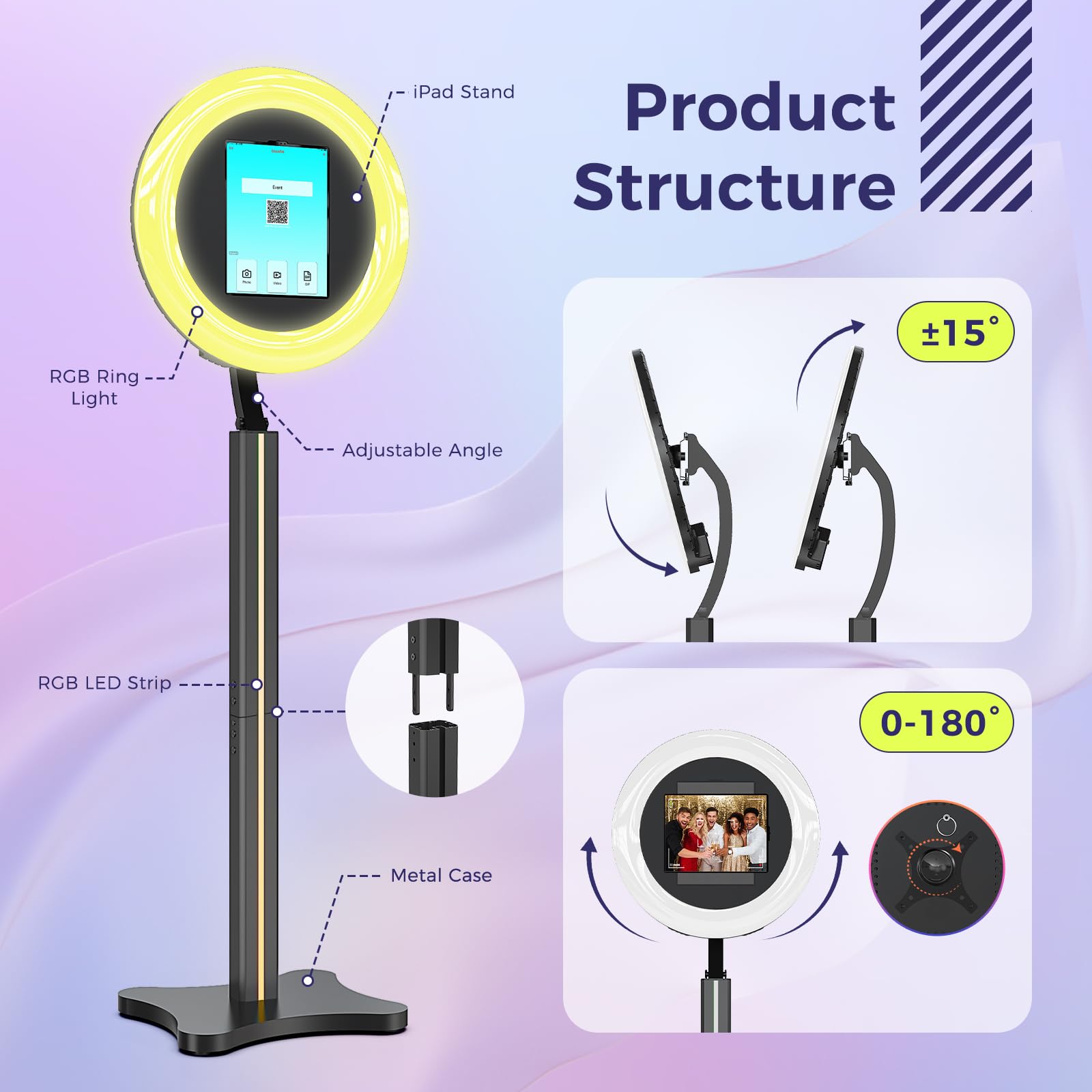 Portable Photo Booth Stand with RGB Ring Light for iPad