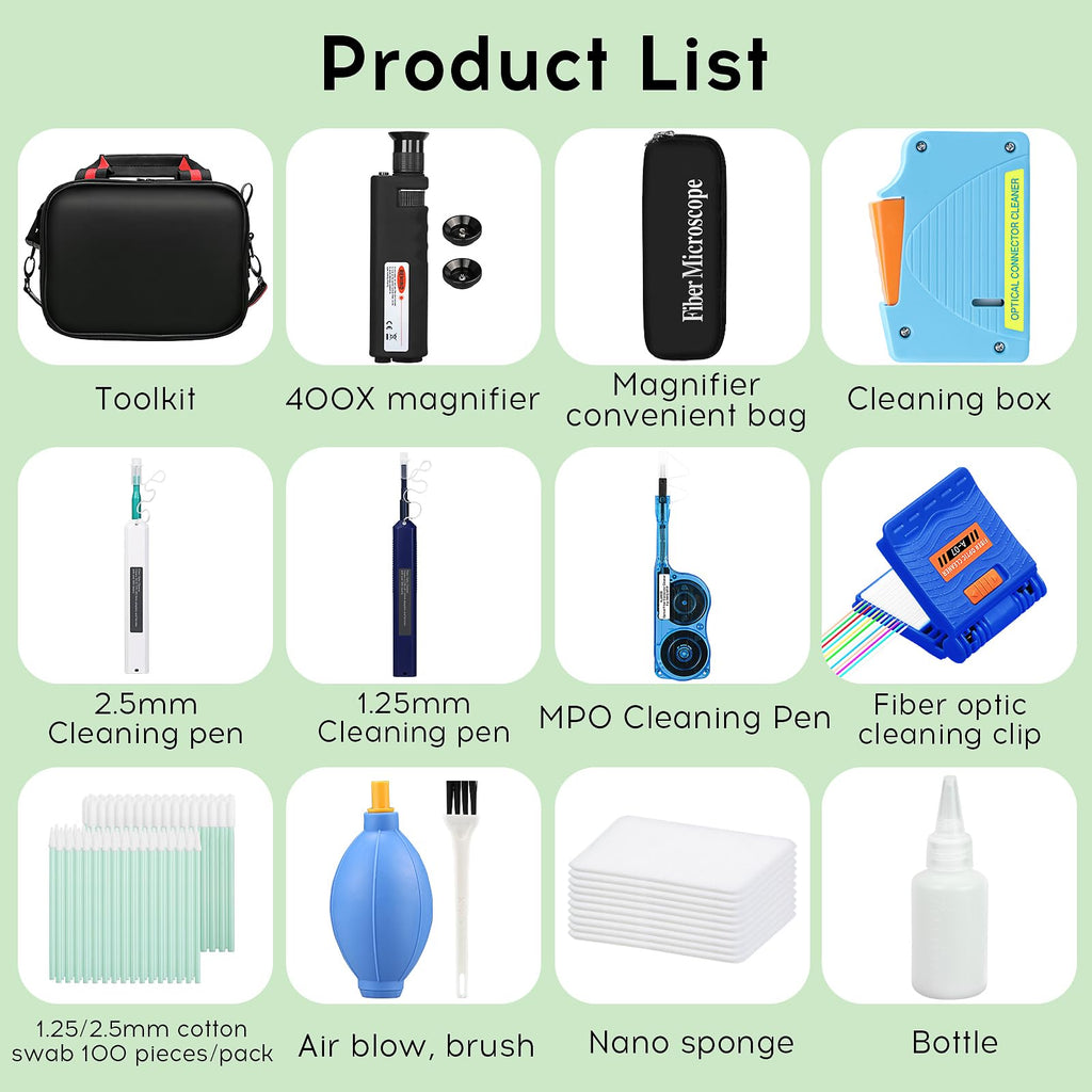 13-in-1 Fiber Optic Cleaning Kit with 400x Microscope & Cleaning Tools