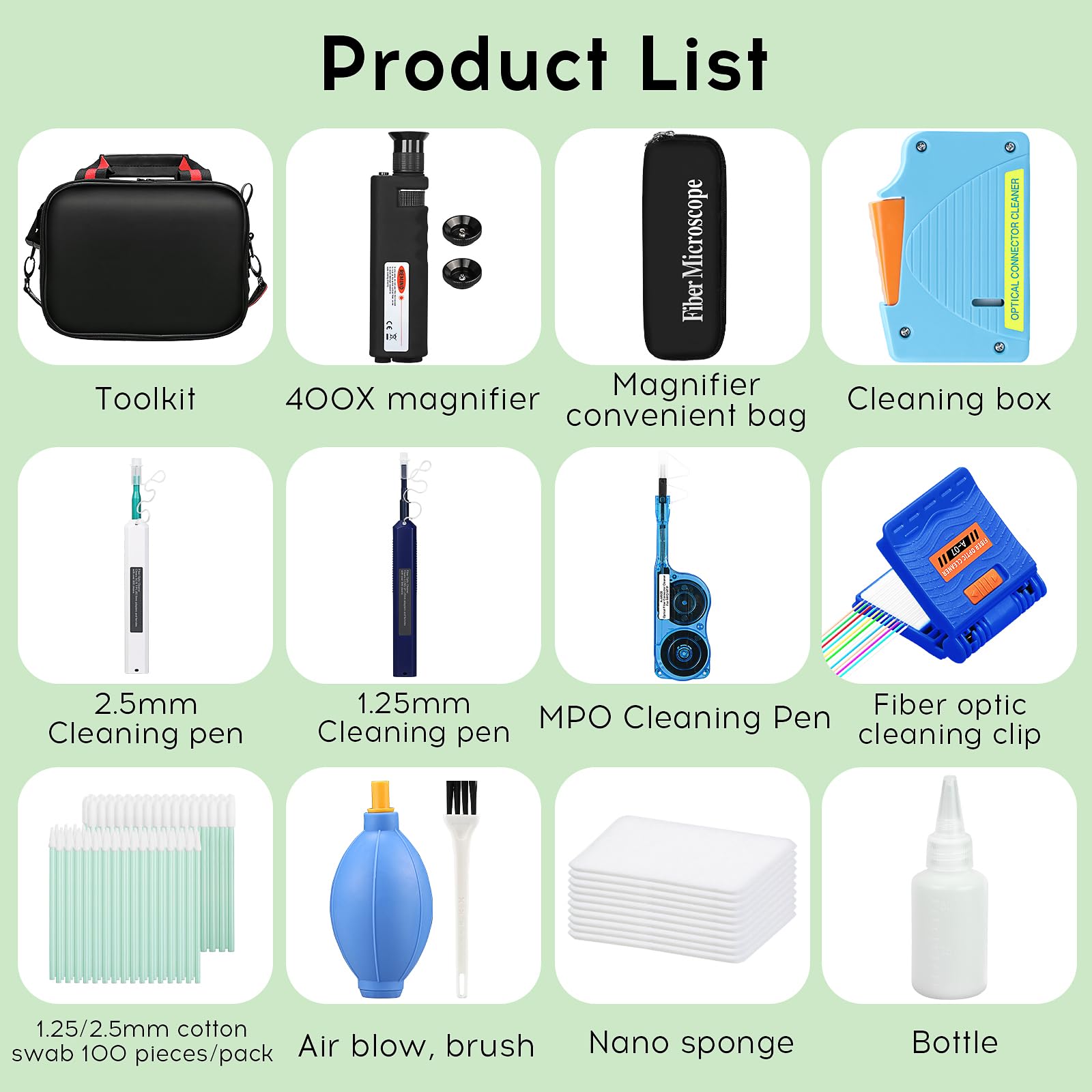 13-in-1 Fiber Optic Cleaning Kit with 400x Microscope & Cleaning Tools