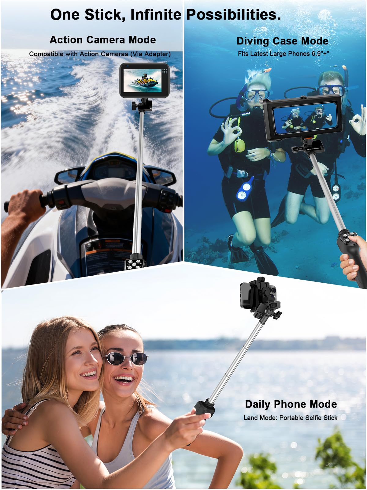 3-in-1 Diving Kit with Waterproof Phone Case & Bluetooth Selfie Stick