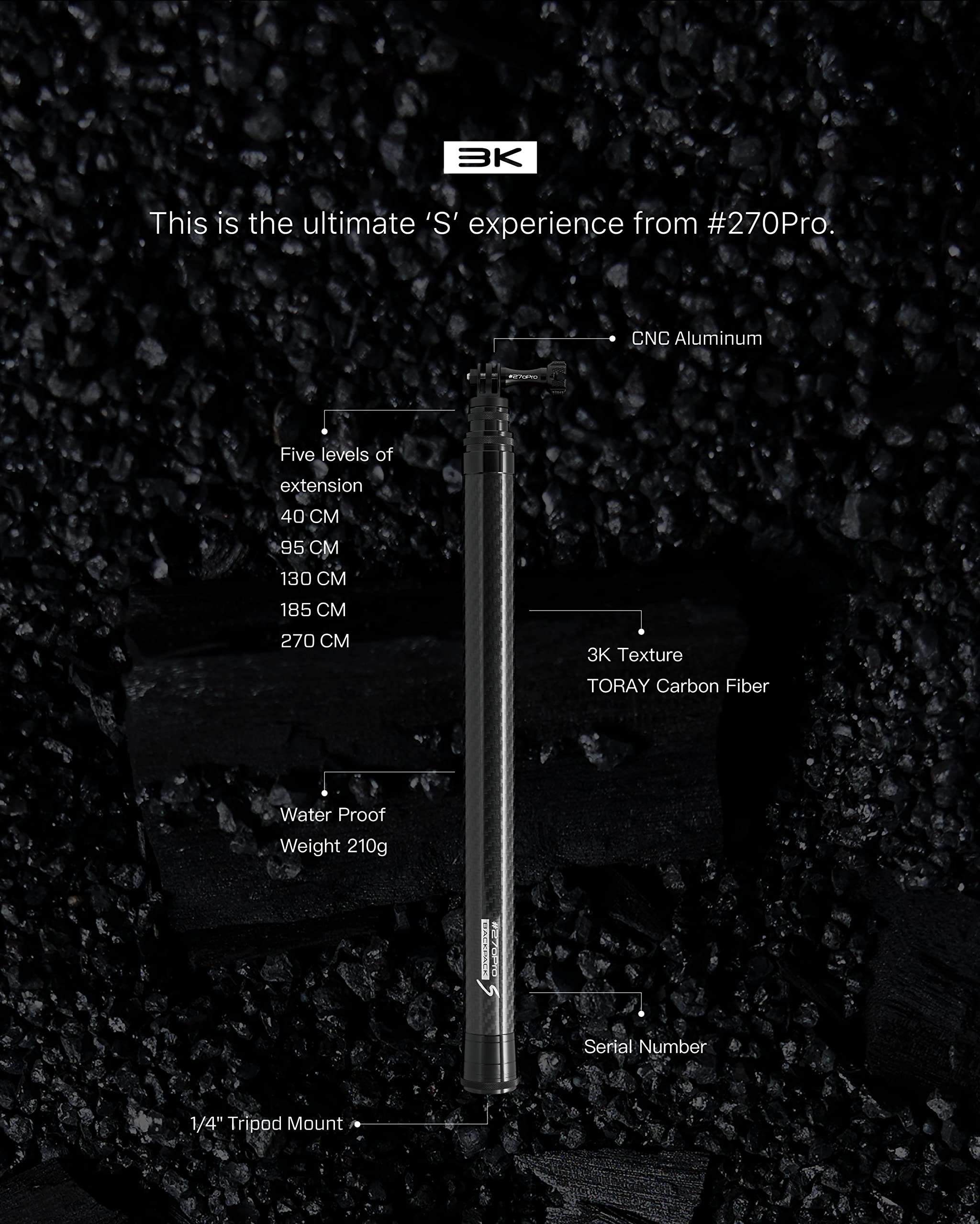 8.8ft Carbon Fiber Invisible Selfie Stick for Action Cameras