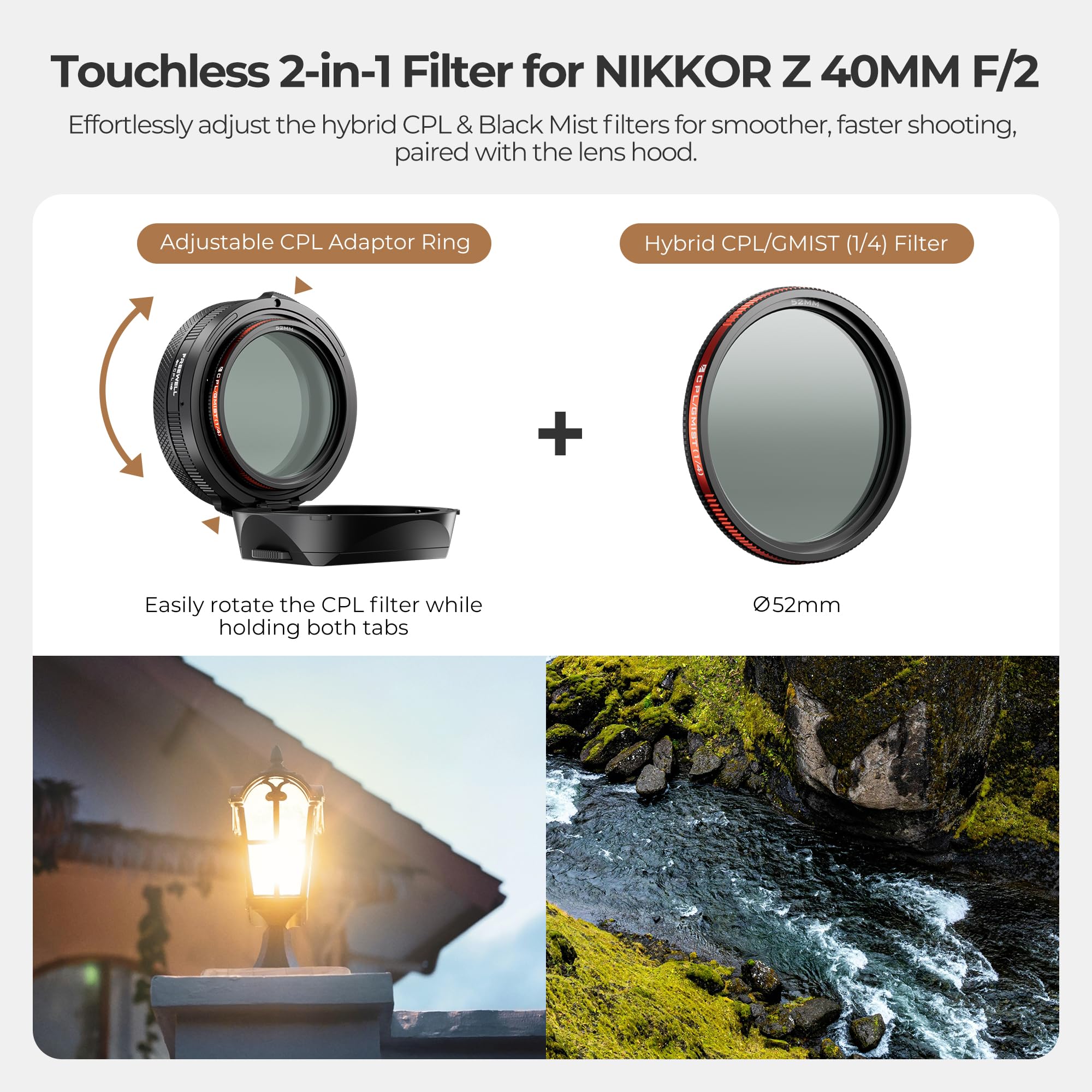 Lens Hood with CPL/Mist Filter & Quick Flip Adjustment for 40mm f/2 Lens