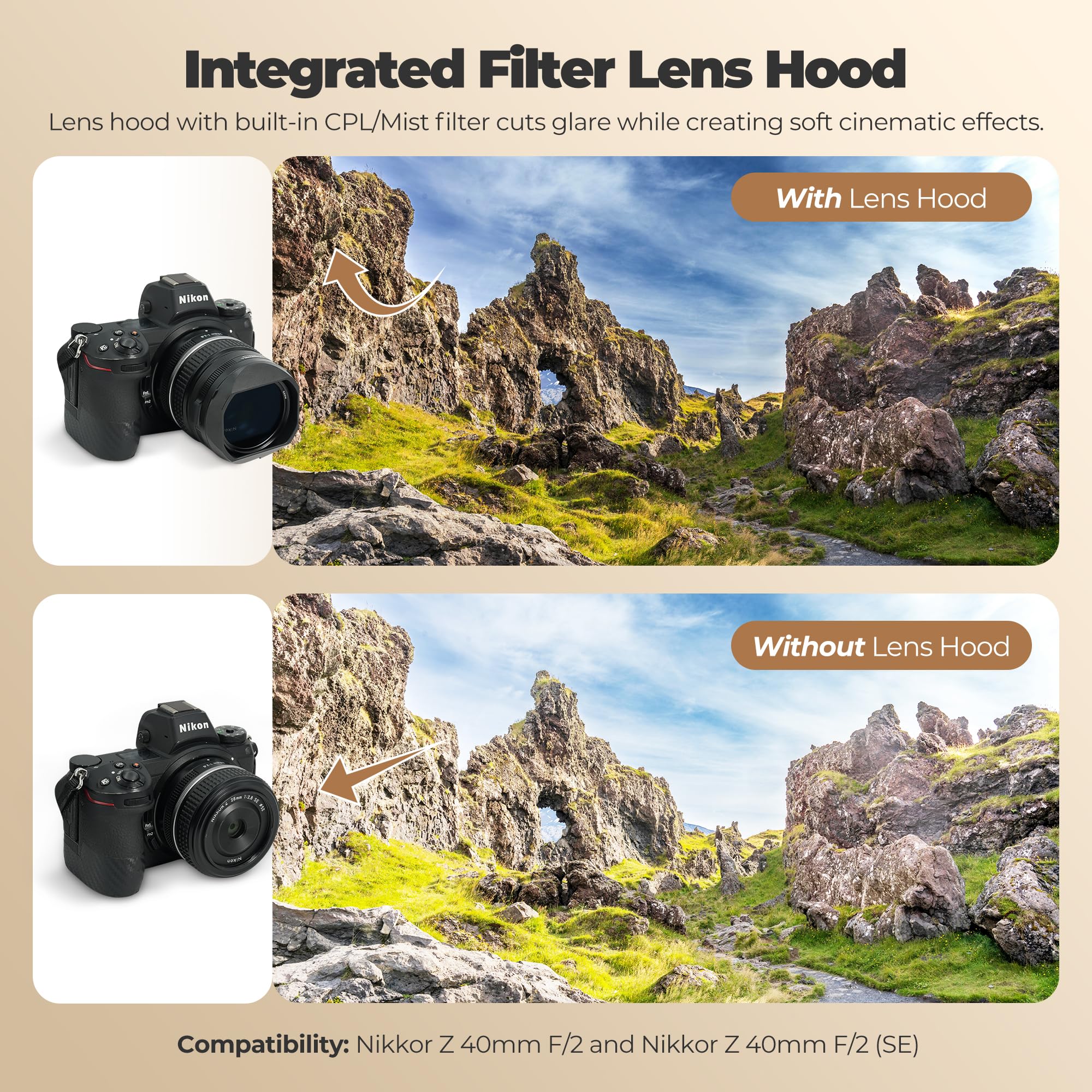 Lens Hood with CPL/Mist Filter & Quick Flip Adjustment for 40mm f/2 Lens